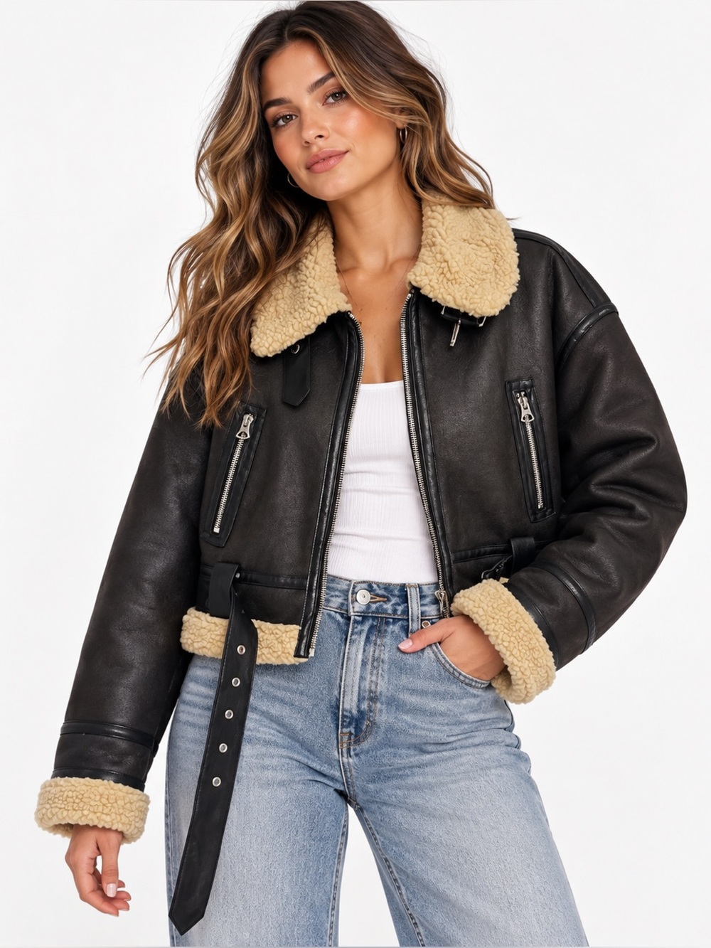 Zara Double Faced Faux Leather Aviator Moto Short Jacket Chocolate Brown y2k